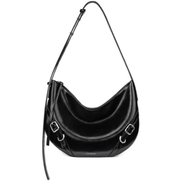 Women Glossy Black Soft Leather and polyester Hobo Bag with Adjustable Strap